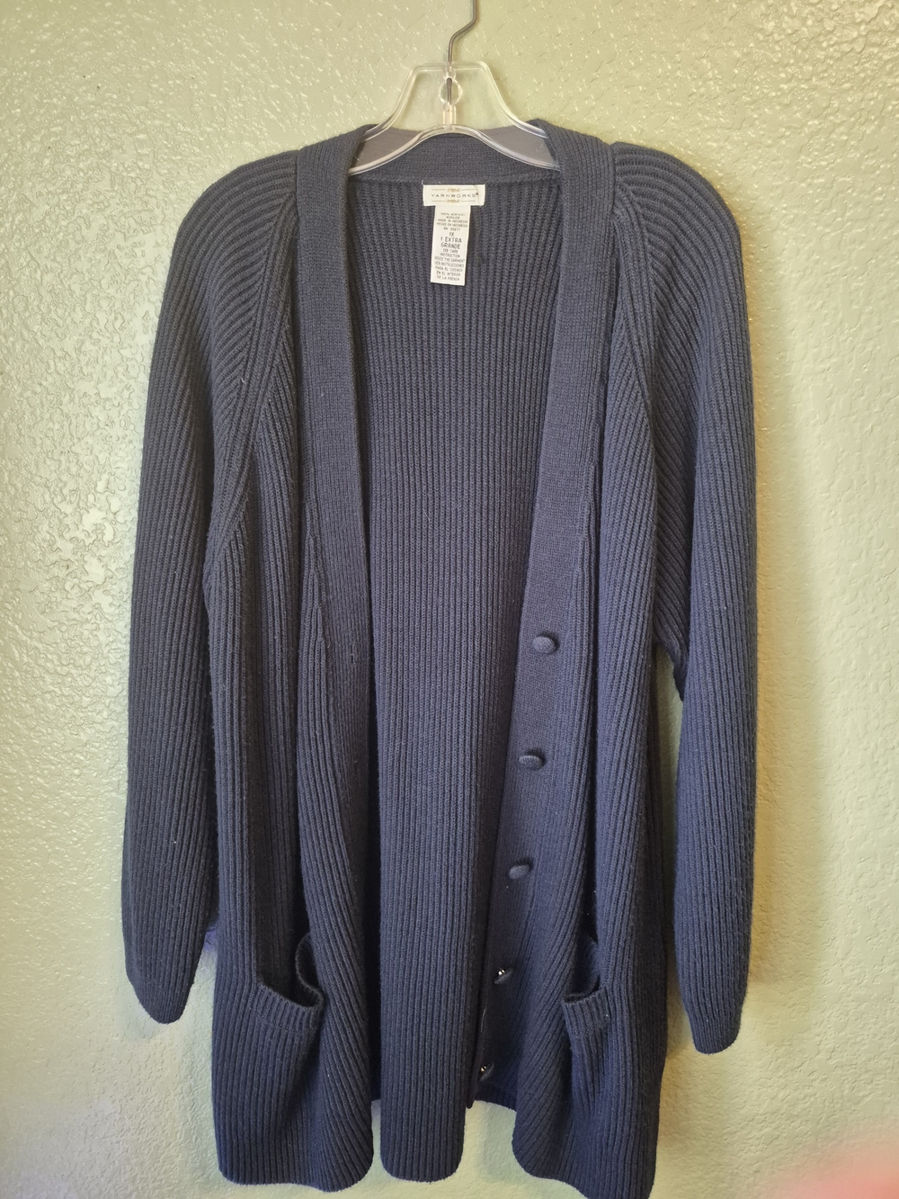 Ribbed Navy Button-Front Cardigan with Pockets